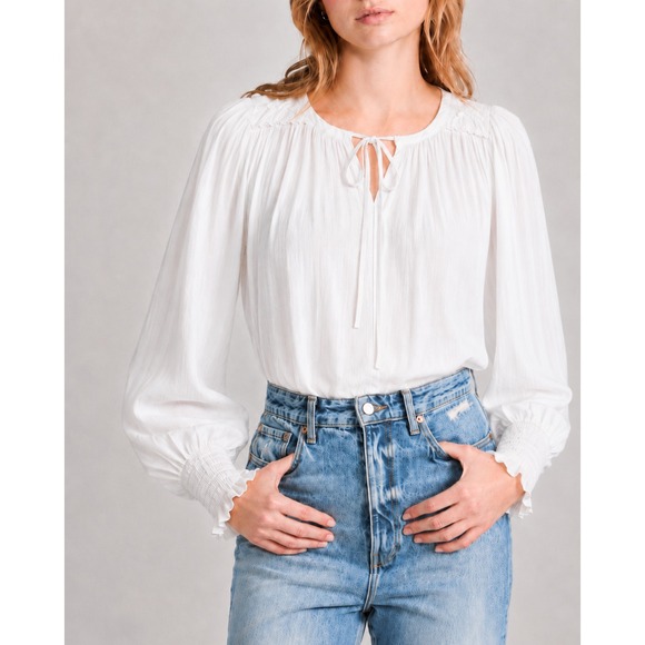 Rebecca Taylor Tops - Rebecca Taylor Sateen Tie Neck Smocked Ruffle Cuff Blouse XS Off White Luxury